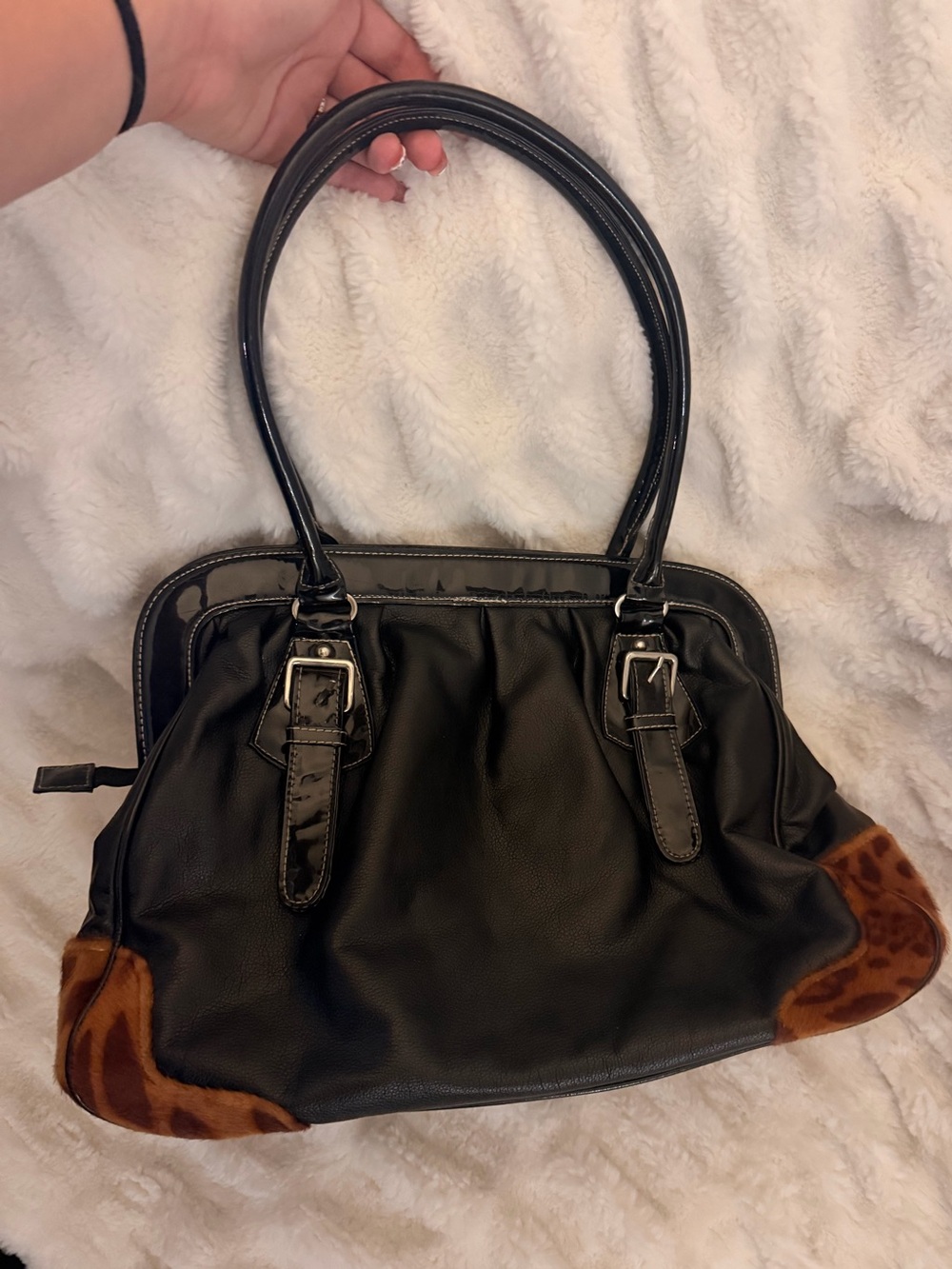 Black Leather Shoulder Bag with Cheetah Accents